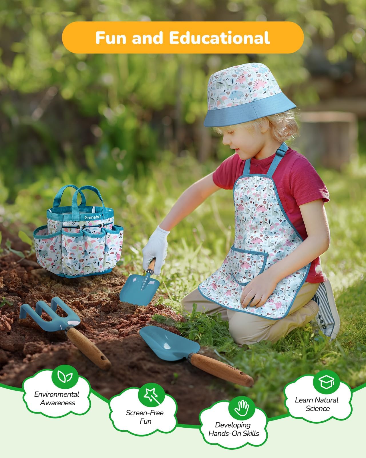 Grenebo Kids Gardening Set Toys, Quality Garden Tool Kit for Kids and Toddlers, Includes Two Shovels, Garden hat,Rake, Apron,Gloves, Watering Can, and Tool Bag (Blue)