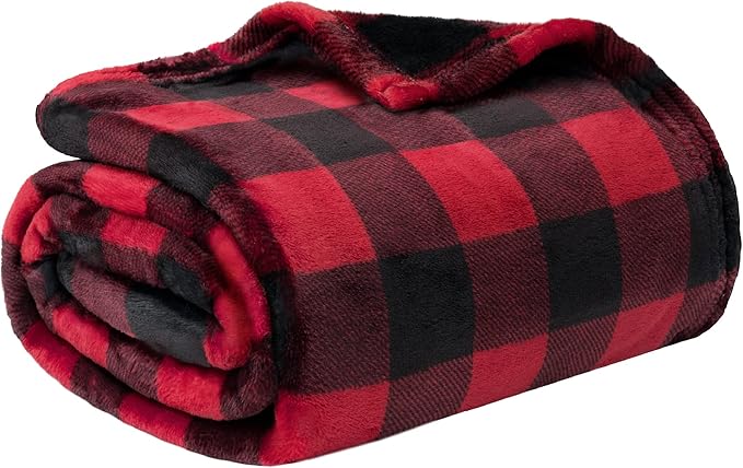 PAVILIA Black and Red Buffalo Plaid Fleece Throw Blanket for Couch, Soft Checkered Flannel Blanket for Sofa, Plaid Christmas Couch Throw Bed, Warm Cozy Decorative Blanket Fall Decor Gift, 50x60