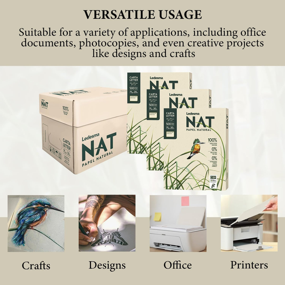 Letter Size (8.5"x11") Natural Sugarcane Pulp Printer Paper, For All Office And Photocopy Printers, Designs, Crafts (3 Reams (1500 Sheets))