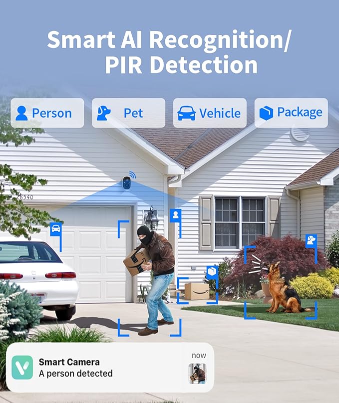 2K Wireless Security Cameras - Outdoor WiFi Security Cameras Color Night Vision, AI/PIR Detection, 2-Way Talk, Cloud/SD, Weatherproof, Battery Powered Outdoor Cameras (White1)