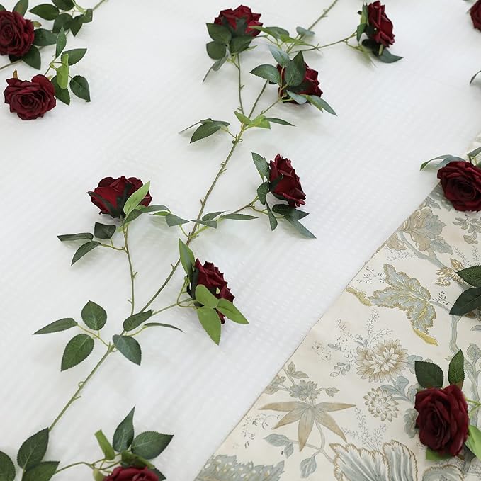 2 Strands 73'' Artificial Silk Rose Flower Vines Garland, Fake Roses Floral Green Leaves Hanging Plant for Wedding Arrangement Decoration, Wall, Party, Bedroom, Home Decor (Burgundy)