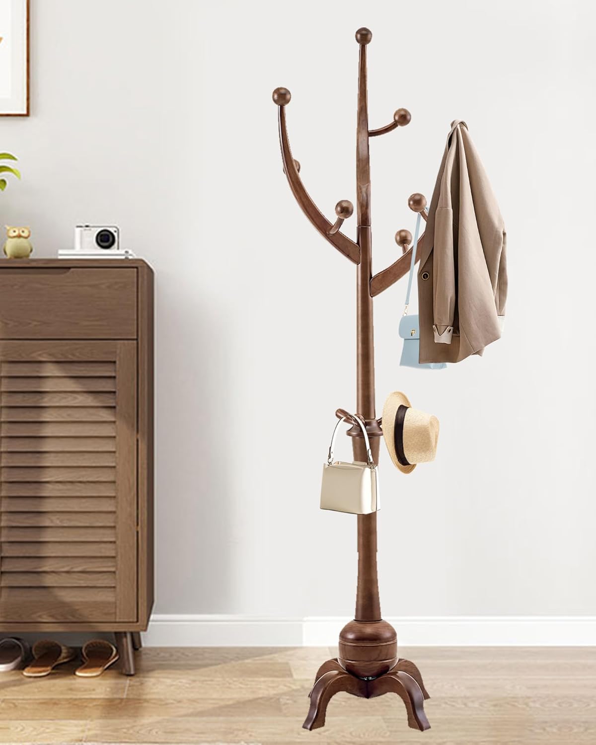 EZIVIEZ Wooden Coat Rack Stand, Solid Wood Freestanding Coat Rack with 11 Hooks, Creative Design Tree Branch-look Coat Racks,Walnut Brown Standing Coat Hanger Jacket Tree Stand for Office, Entryway