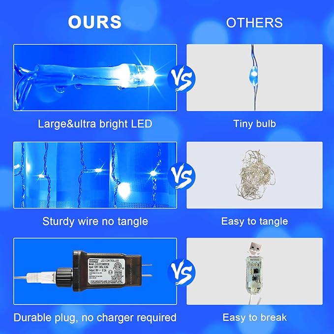 JMEXSUSS 300LED Curtain Lights, Blue Christmas Lights with Remote, Blue String Lights for Bedroom Wall Window Backdrop Garden Indoor Outdoor Pool Patio Yard Porch Decorations, 9.8x9.8ft