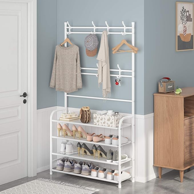 UDEAR Entryway Coat and Shoe Rack,3-in-1 Hall Tree Multifunctional Storage Shelf with 4-Tier Shoe Bench and 8 Hooks,16-20 Pairs of Shoes,Easy Assembly,for Entrance Foyer Bedroom Barthroom,White