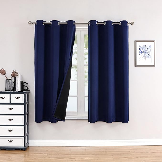 ChrisDowa 100% Blackout Curtains for Bedroom with Black Liner, 2 Thick Layers Total Blackout Thermal Insulated Grommet Window Curtains 2 Panels Set (Navy Blue, 42 x 63 Inch)