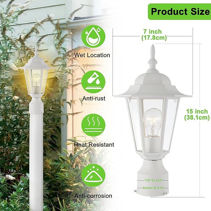 Outdoor Post Light, Pole Lantern, Waterproof Die-Cast Aluminum Pole Light Fixture with Glass, Exterior Post Lamp for Garden Yard Patio Pathway, Matte White, 2-Pack