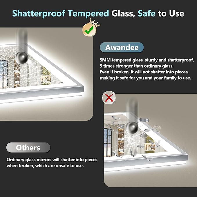 66x36 Brushed Nickel LED Bathroom Mirror with Lights, Sliver Framed Backlit and Front Lit Anti-Fog Lighted Vanity Mirrors for Bathroom Wall, Dimmable, 3 Colors, Memory, Tempered Glass, CRI＞90