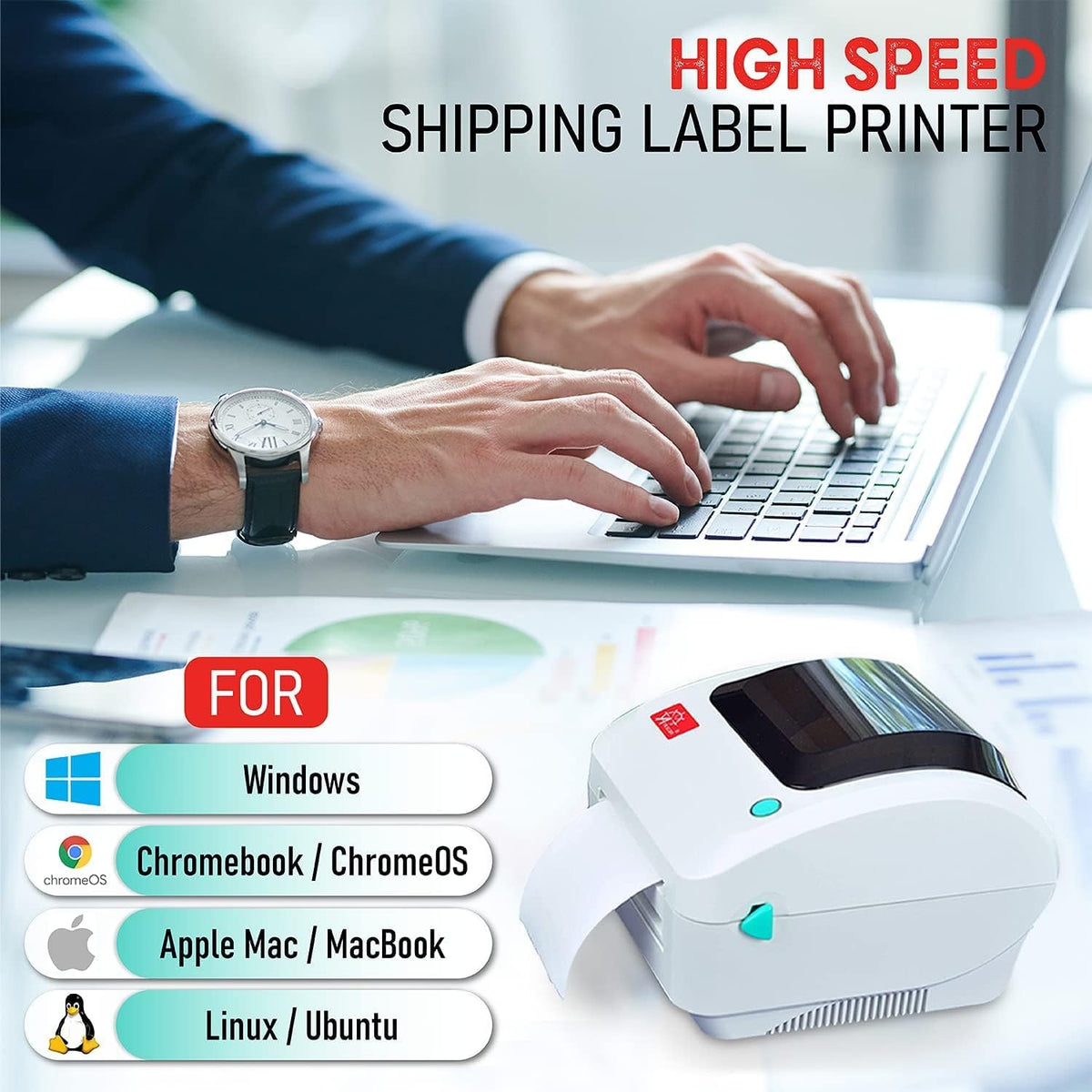 2054A Shipping Label Printer for Windows Mac Chromebook Android, Supports Amazon Ebay Paypal Etsy Shopify ShipStation Stamps UPS USPS FedEx DHL, Roll & Fanfold 4x6 Direct Thermal Label