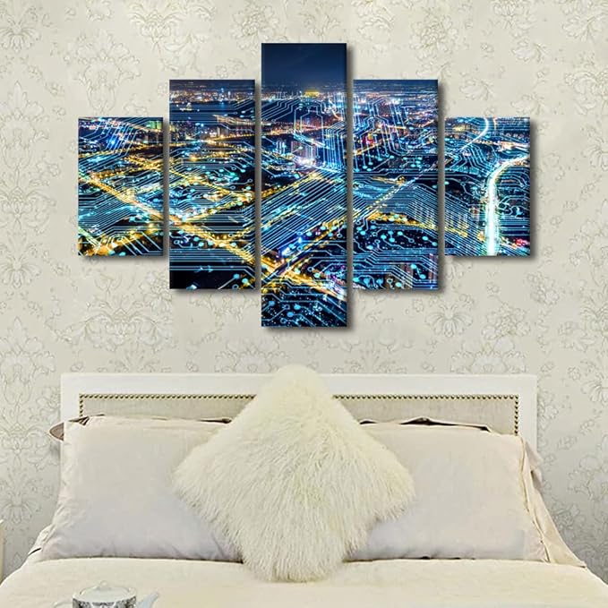 Wall Art for Living Room Modern Cityscape Poster 5 Panel Canvas Art Network Connection Concept Picture Internet Companies Wall Art Internet Workers Home Decoration Stretched Ready to Hang 60x40 Inch