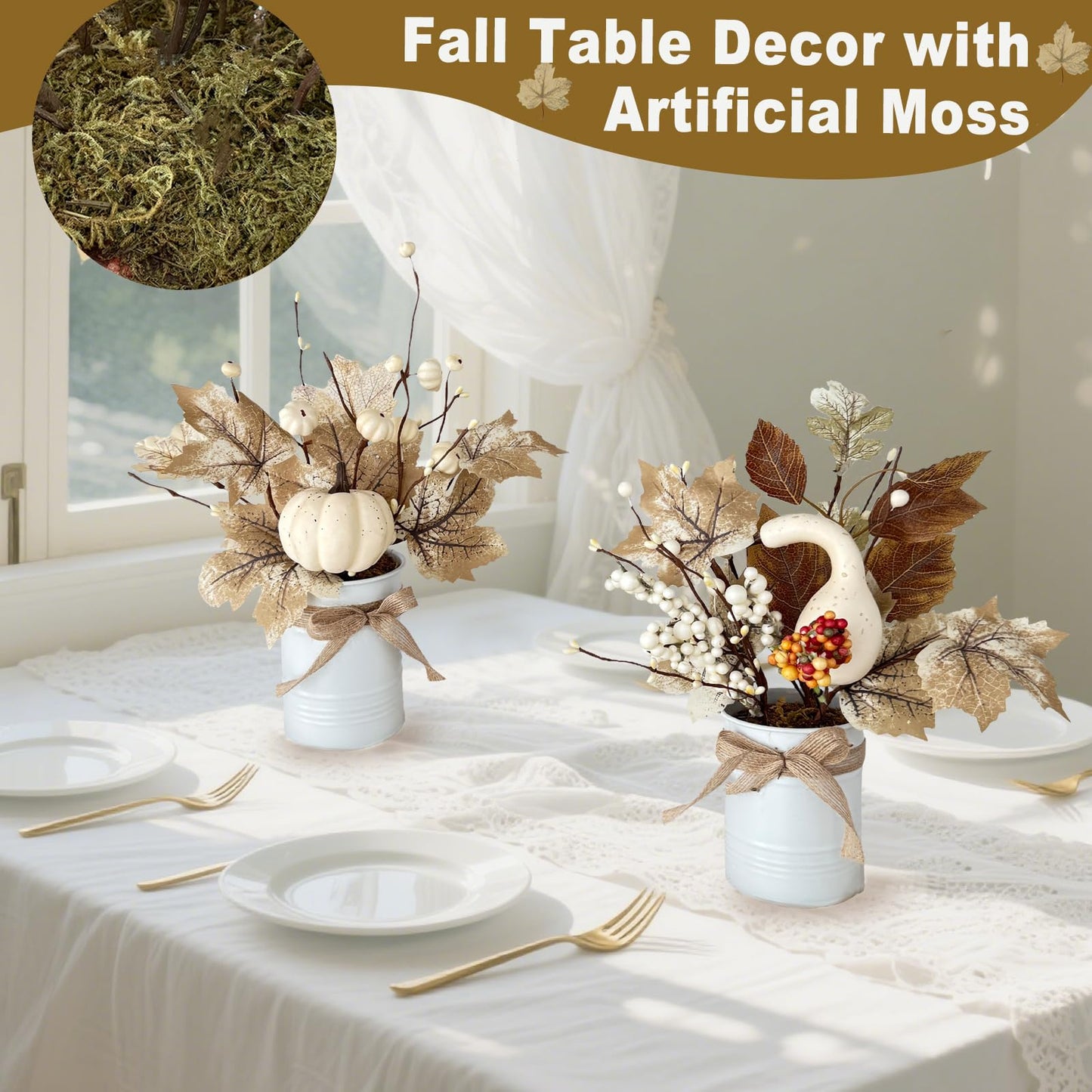 2 Pack 12" Thanksgiving Decorations Thanksgiving Centerpieces for Dinner Table Potted White Maple Arrangement in Metal Pot White Pumpkin Berried Autumn Thanksgiving Table Decor for Home Kitchen Office"