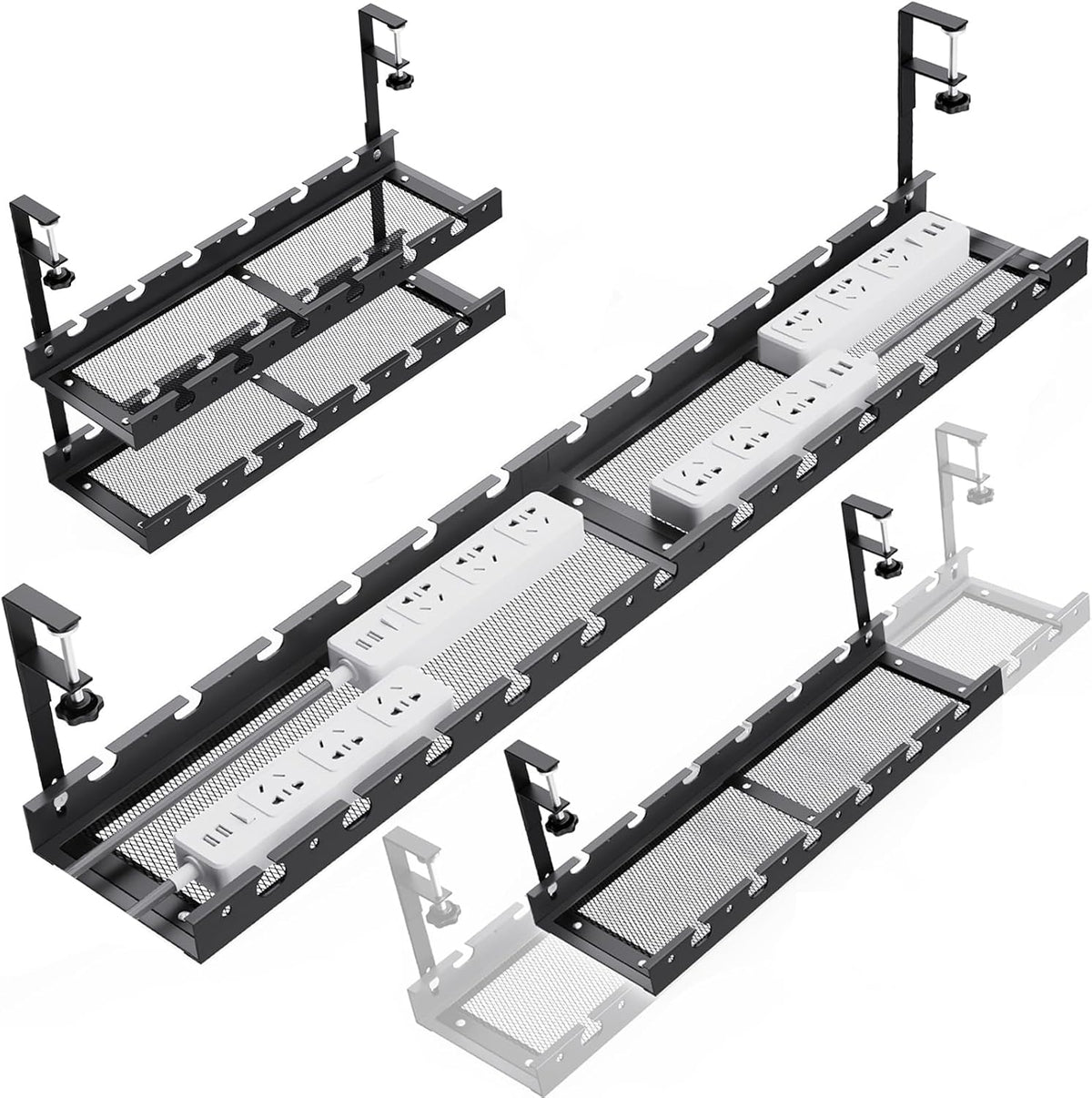31Inch Extendable Under Desk Cable Management Tray Multi-Model Metal Cable Management Tray Under Desk Cord Management with Clamp Power Strip Cord Holder for Wire Cable Management, Black