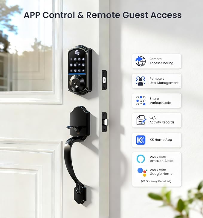 Veise VE017-H Fingerprint Smart Front Door Lock Set, App Control, 8-in-1 Keyless Entry Deadbolt with Zinc Alloy Handles, Emergency Power Port, Touchscreen Keypad, Auto Lock, Easy Install, Matte Black