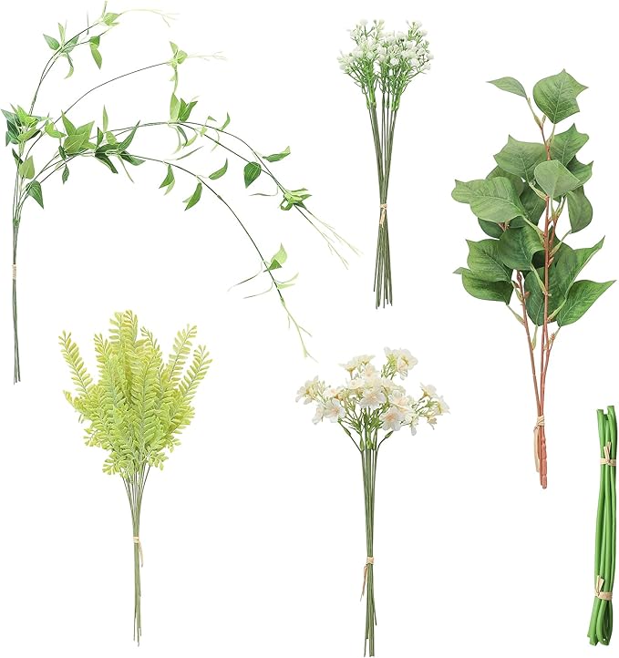 Floroom Artificial Greenery Stems Box Set, 35pcs with 5 Kinds of Faux Greenery Flowers Picks for DIY Bridal Bouquets Wedding Floral Arrangement Table Centerpieces, Light Green & White