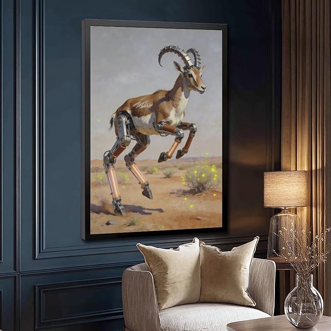 Framed Steampunk Mechanical Antelope Wall Art - Desert Futuristic Poster for Loft Living Room Decor 08x12in