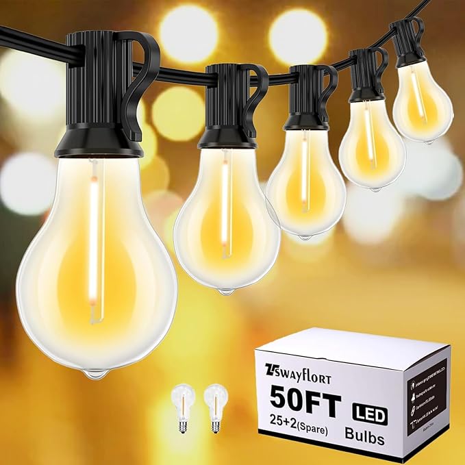 Outdoor String Lights 50FT LED String Lights for Outside with 27 A39 Waterproof Edison Bulbs (2 Spare), Patio Lights Outside Hanging for Bistro,Balcony,Porch,Yard,Garden,Black Cord