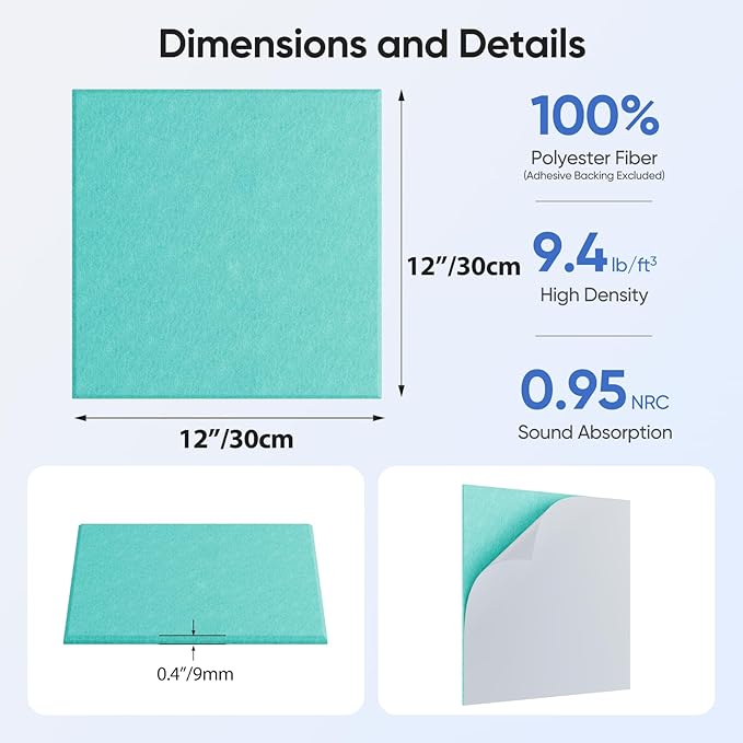 12 Pack 12" X 12" X 0.4" Acoustic Panels for Wall Sound Absorbing, Square Self-Adhesive Sound Panel, High Density Suitable for Multiple Scenarios(Viking Blue)