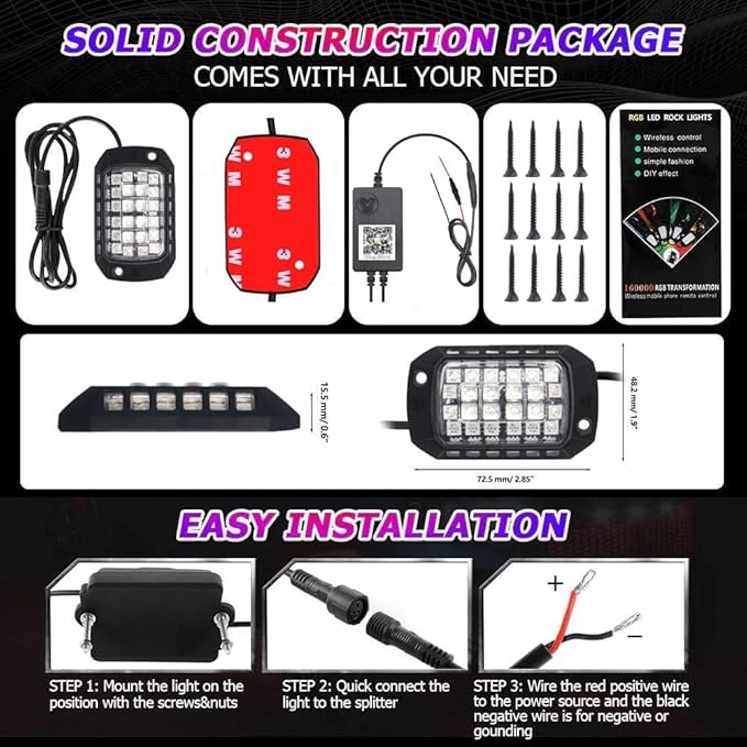 RGB LED Rock Lights Kit, 6 pods Underglow Multicolor Neon Pod with Bluetooth App Control Flashing Music Mode IP68 Exterior Wheel Well Light for Truck ATV UTV RZR SUV