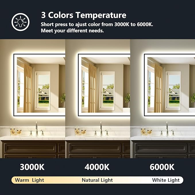 60x40 Inch LED Bathroom Mirror with Lights (Front Lit and Backlit) Black Framed Lighted Vanity Mirror for Bathroom Wall Dimmable Anti-Fog Memory Tempered Glass Horizontal/Vertical