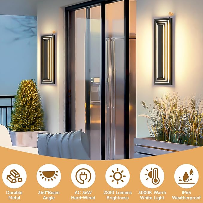 Dusk to Dawn Outdoor Led Wall Lights, 23.6 in Long Exterior Lighting Fixtures,Black Outdoor Sconce Lights,3-Tier Modern Porch Light,36W Warm White Outside Lights for House,Garage, Patio,2 PCS