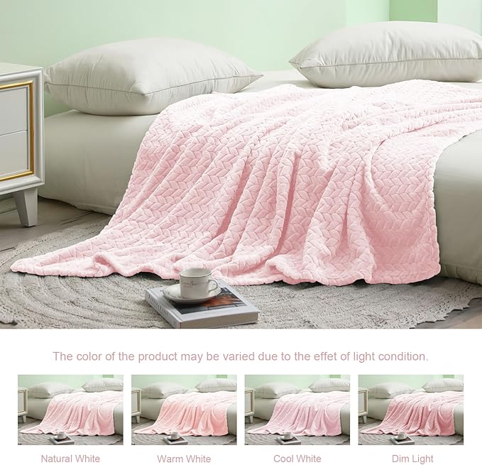 Exclusivo Mezcla Fleece King Size Blanket for Bed, 90x104 Inches Soft Cozy Jacquard Flannel Blankets, Lightweight Fuzzy Plush Warm for Winter, Light Pink