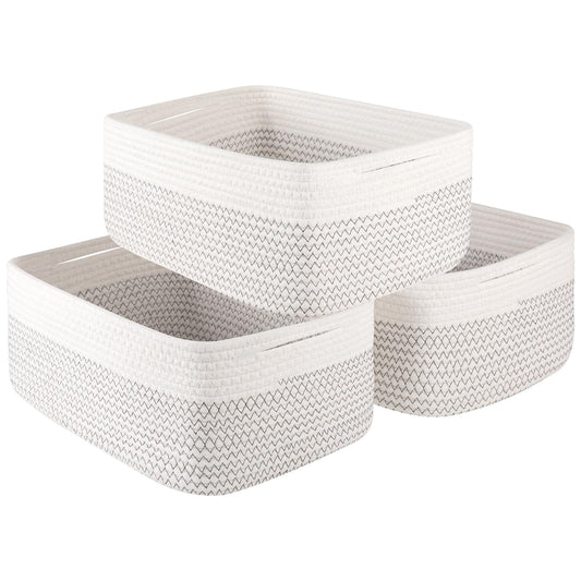 OIASKET Storage Baskets for Organizing 3 Pack, Woven Baskets for Shelves, Closet Organizer Bins Empty Gift Basket Toy Storage for Toys, Books, Towels, Clothes, 15"x11.42"x6.7", White & Black