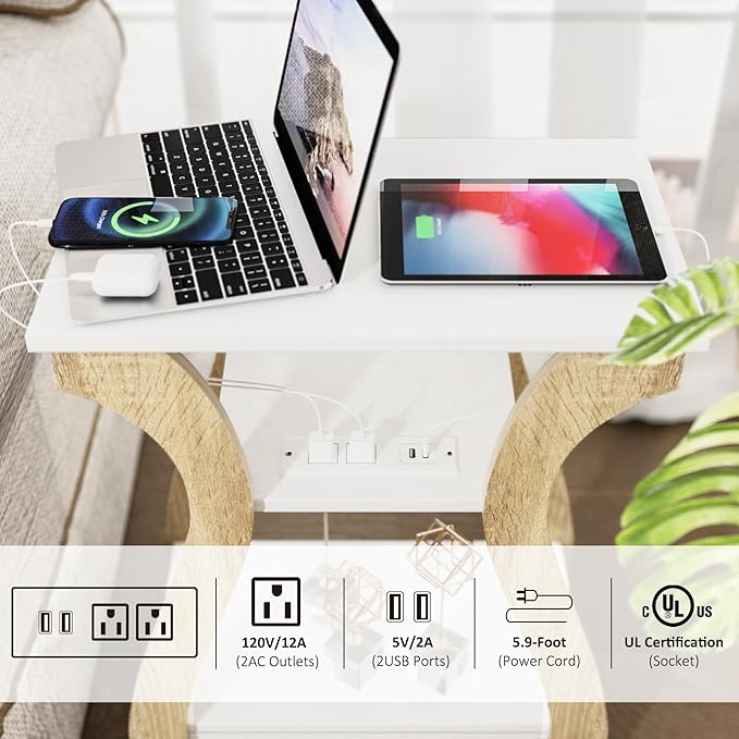 End Table Set of 2 with Charging Station, Side Table with USB Ports and Outlets, Nightstand, 3 Tier End Table with Storage Shelf for Living Room, Bedroom (White Set of 2)