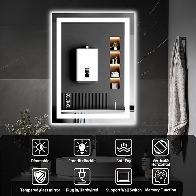 LED Bathroom Mirrors 28"x36" Bathroom Mirror with Lights for Wall, Backlit + Front Lit, 3 Colors, Anti-Fog, Dimmable Brightness for Vanity,Bathroom, Entryway, Living Room