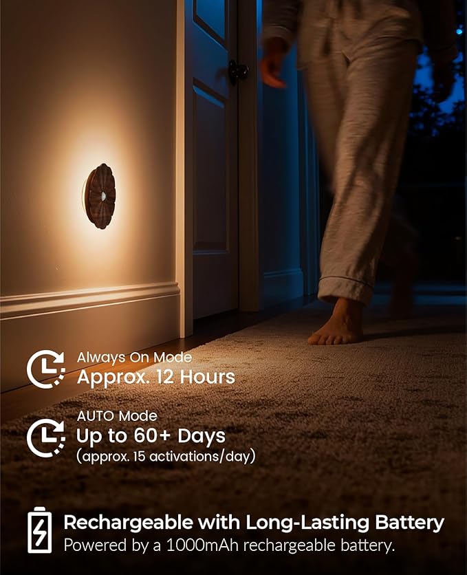 Motion Sensor Night Light Wooden Carved Flower USB Rechargeable Stick-On Step Lights Magnetic Mini Wall Lights for Hallway Bedroom Living Room Stair (Black Walnut)