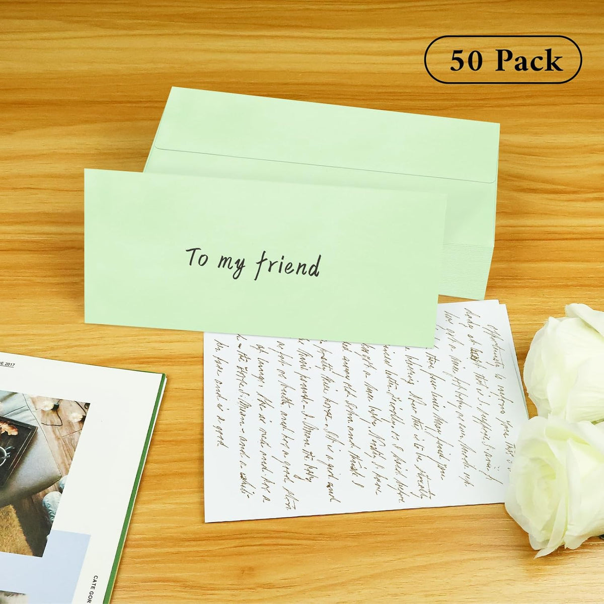 50 Pack #10 Business Envelopes, Light Green Standard Envelopes Self Seal, Letter Size Mailing Envelopes for Checks Letters Invoices Statements Christmas Birthday Graduation Wedding, 4 1/8 x 9 1/2 Inch