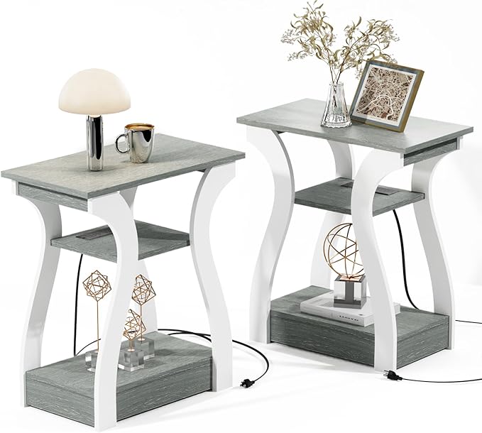 End Tables Living Room Set of 2,Grey End Table with Charging Station,Grey Side Table, Nightstand for Bedroom, 3 Tier End Table with Storage Shelf for Living Room