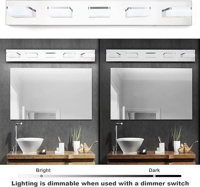 3 Colors Dimmable Bathroom Light Fixtures over Mirror LED Chrome Vanity Lighting Fixtures Acrylic Stainless Steel 5 Light Bathroom Vanity Light Fixtures, Adjustable 3000K/4000K/6000K, 360° Rotate