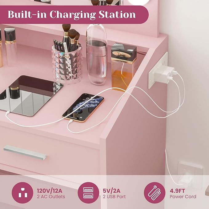 Vanity Desk with Lights and Mirror - Makeup Vanity Set with Power Outlet & USB Ports, 3 Lighting Modes, Adjustable Brightness, Includes 2 Drawers and Cushioned Stool, Small Dressing Table for Bedroom
