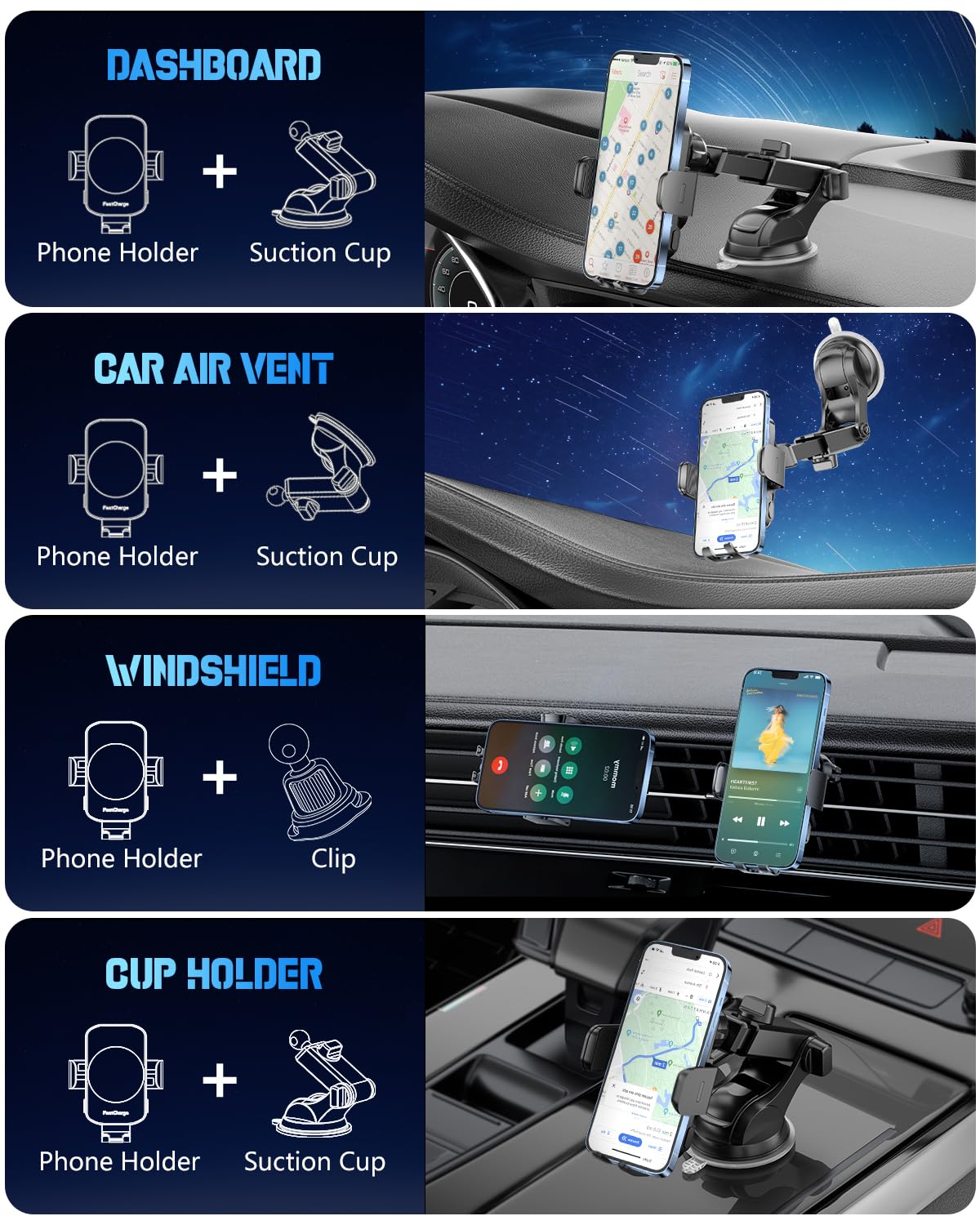 Wireless Car Charger, Fast Charging Phone Holder 3 in 1 Phone Mount Auto Clamping Car Accessories Compatible with iPhone 16 15 14 13 12 11 Xs XR, Samsung S23 Ultra S22 S21 S20/S10+ S9(Midnight Black)