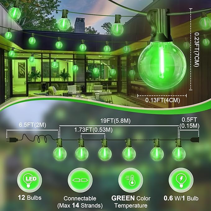 LAMPHOME LED Outdoor String Light, 26Feet Patio Lights with 12+1 Edison Shatterproof Bulbs(1Spare), UL Waterproof Outside Lights connectable Dimmable for Backyard Porch Decor,Green