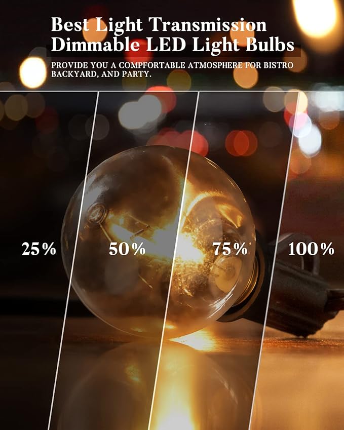 Lightdot 50FT Outdoor String Lights, LED Bistro String Lights with Shatterproof G40 Bulbs, 2700K Dimmable, Waterproof Hanging Lights for Porch, Party, Garden, Backyard, Balcony - ETL Listed
