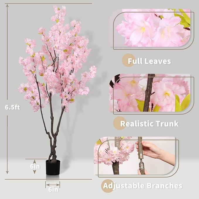 Faux Pink Cherry Blossom Tree 6.5ft(78in) Tall Artificial Plant Indoor Decor Handmade Natural Fake Sakura Tree for Wedding Realistic Silk Cherry Floral in Pot for Home Living Room,Office,Outdoor Decor