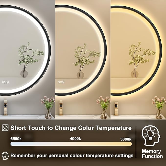 S'bagno 24'' Round Black LED Mirror for Bathroom with Frontlit & Backlit, Metal Frame, Anti-Fog, Stepless Dimmable, 3 Colors Temperature Vanity Mirror