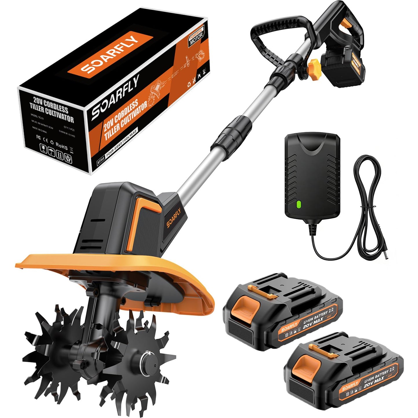 SOARFLY Upgraded Cordless Tiller for Gardening with Dual 2.0Ah Batteries, 48 Steel Tines Battery Rototiller, 9" Width 6.6" Depth Garden Tiller Cultivator for Soil, Tending & Composting (Orange)