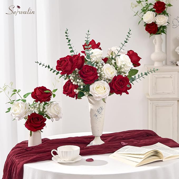 Serwalin 20pcs Artificial Red and White Roses, 4'' Big Flower Head, Fake Roses Velvet Real Touch, Silk Roses Long Stems Realistic Bouquet for Wedding Table Centerpiece and Home Decor