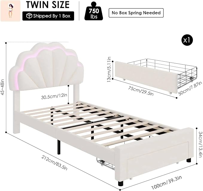 HIFIT Twin Upholstered Smart LED Bed Frame with Storage Drawer and Adjustable Chic Double Petal Headboard, Princess Platform Bed for Girls/Kids, Solid Wood Slat Support/No Box Spring Needed, Beige