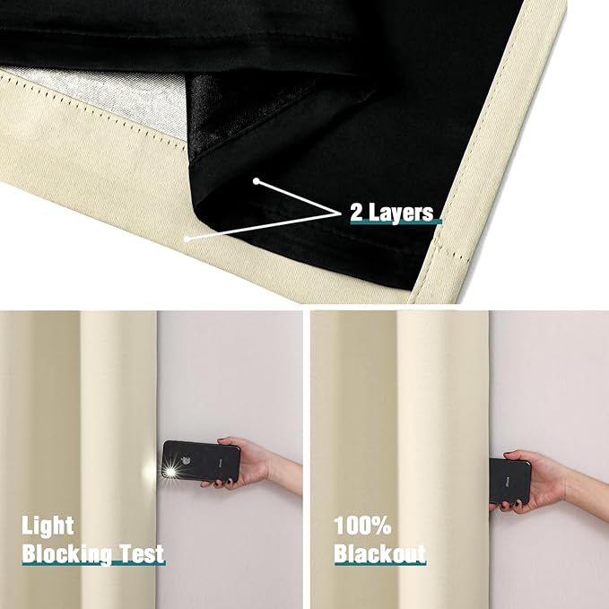 ChrisDowa 100% Blackout Curtains 45 inch Long for Bedroom with Black Liner, 2 Thick Layers Total Blackout Thermal Insulated Grommet Window Curtains 2 Panels Set (Light Beige, 52 x 45 Inch)