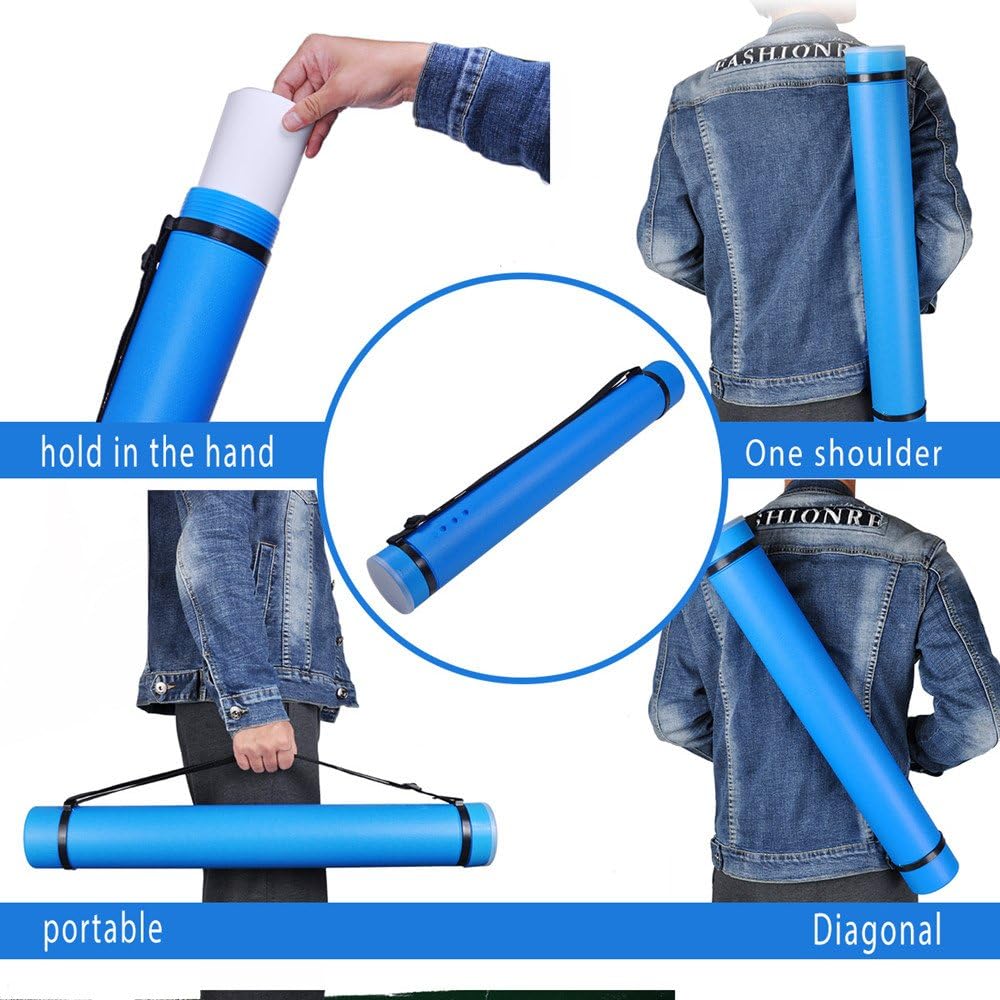 DEWEL Document Tube,Plastic Expanding Poster/Art/Document Storage Tube 24.5 to 40 inches Adjustable with Carrying Strap Waterproof and Light-Resistance Telescoping Carrying Case (Blue-Large Size)