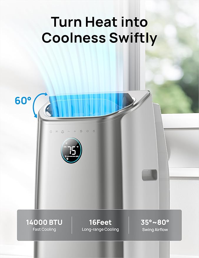 DREO Portable Air Conditioners, 14000 BTU AC Unit for Bedroom with Drainage-Free Cooling, 3-in-1 with Fan & Dehumidifier, Touch/APP/Voice/Remote, 24h Timer, Smart Floor AC for Room Indoors, AC516S