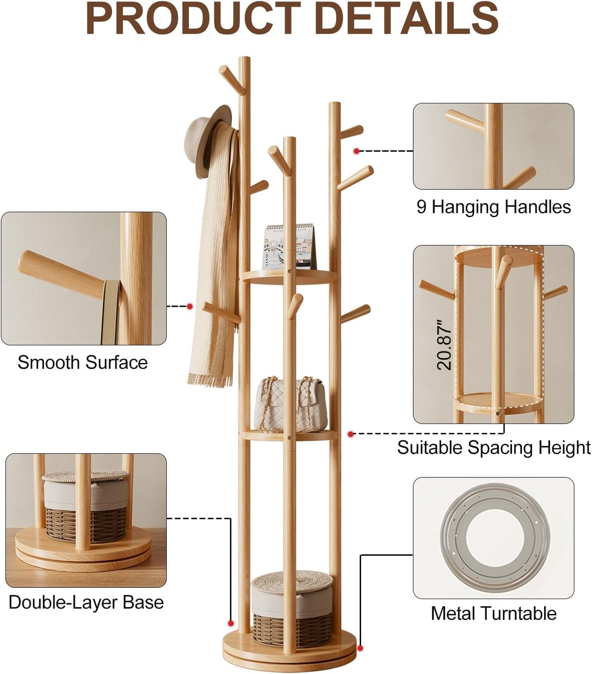 Solid Wood Rotary Coat Rack, Freestanding Coat Rack with 3 Shelves and 9 Hooks, Coat tree for Bedroom, Entryway, Livingroom, Coat Hanger Stand for Coats, Scarves, Handbags (Natural)