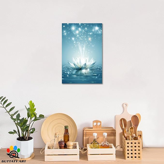 Zen Canvas Wall Art, White Lotus Flower Bloom in Water Wall Poster, Lotus Flower Canvas Art Print, Calm Relax Picture, Modern Framed Spiritual Home Artwork for Bathroom Spa Yoga Decor 32x48 inch