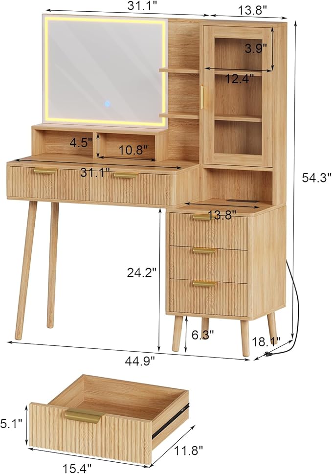 Fluted Vanity Desk with LED Lights Mirror & Power Outlet,Modern Glass Top Elegant Vanity Desk with 5 Drawers and Storage Shelf,Dressing Table for Bedroom Girls Women