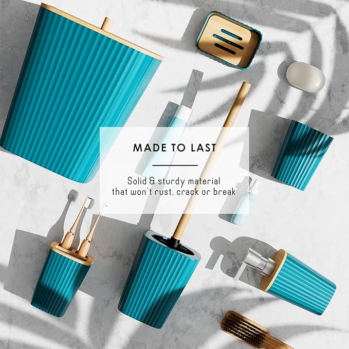 Clara Clark Bathroom Set - Teal Bathroom Accessories Set, 6PC Bathroom Accessory Set, Bathroom Sets with Adhesive Corner Shower Caddy Hanging, Toilet Brush, Trash Can & Soap Dispenser