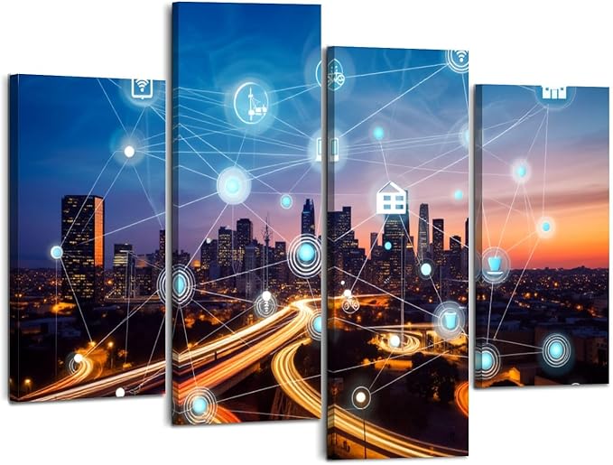 Canvas Wall Art Prints Pictures smart city wireless communication network Framed Posters Modern Wall Painting Artwork Gift Home Decor for Living Room Ready to Hang 4 Panel