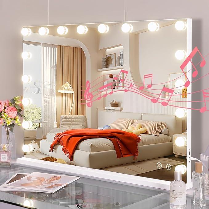 Fenair Large Vanity Mirror with Lights and Speaker Hollywood Lighted Makeup Mirror with Sturdy Base, 18 Dimmable LED Bulbs, 3 Light Colors, USB Charge Port