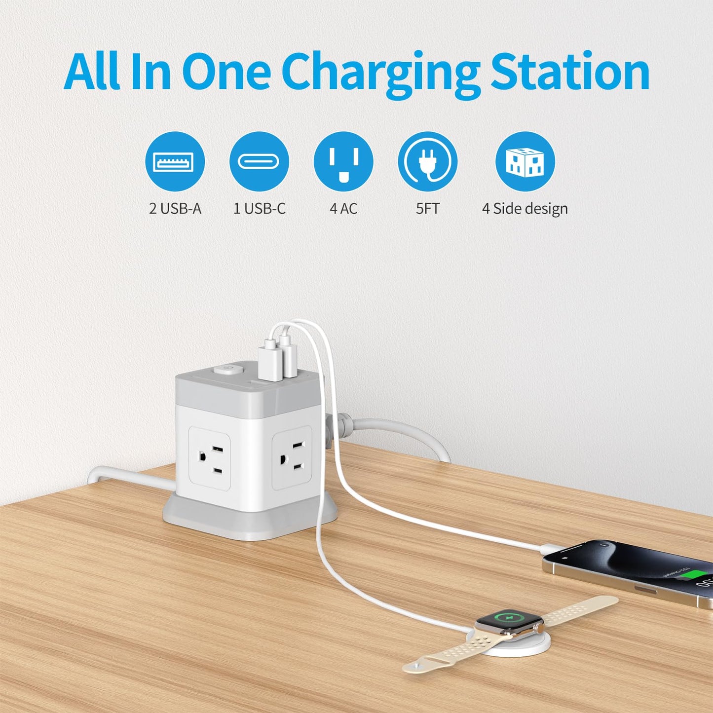 Power Strip with USB, FDTEK Flat Plug Extension Cord with 4 Outlets and 3 USB(1 USB C), 5 FT Power Cord Desktop Charging Station, Overload Protection, Compact Portable for Travel Home Office